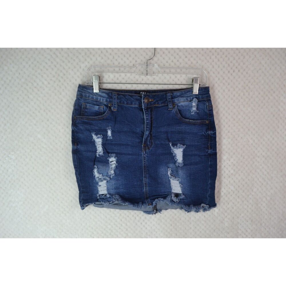 Wax Jean Women's Large Dark Wash Distressed Short Jean Skirt
